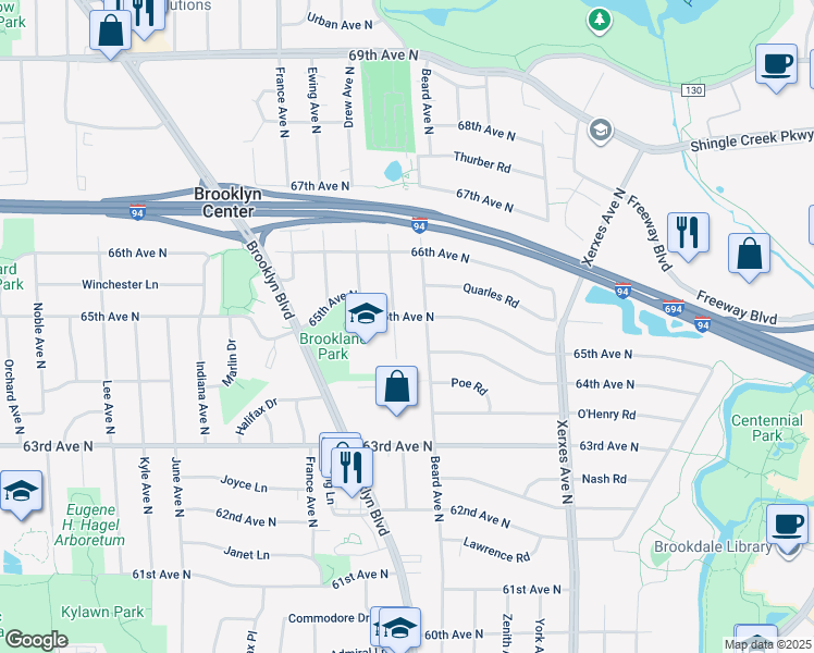 map of restaurants, bars, coffee shops, grocery stores, and more near 3409 65th Avenue North in Minneapolis