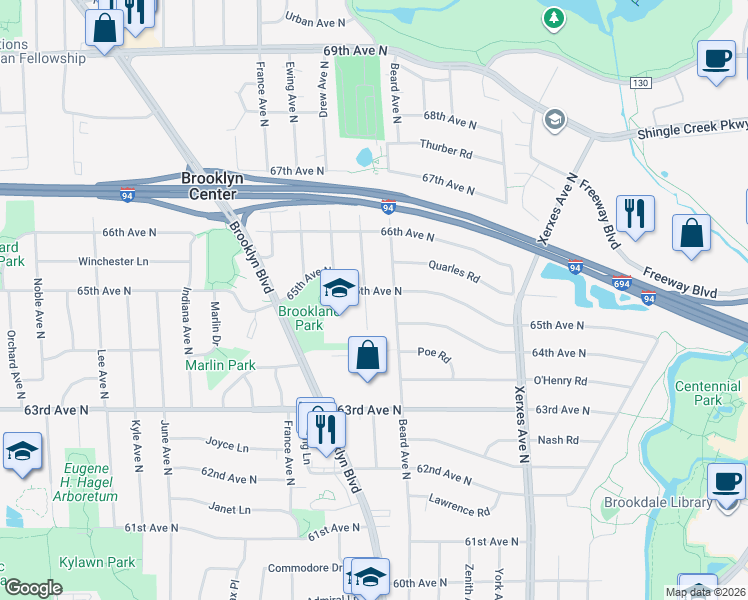map of restaurants, bars, coffee shops, grocery stores, and more near 3409 65th Avenue North in Minneapolis