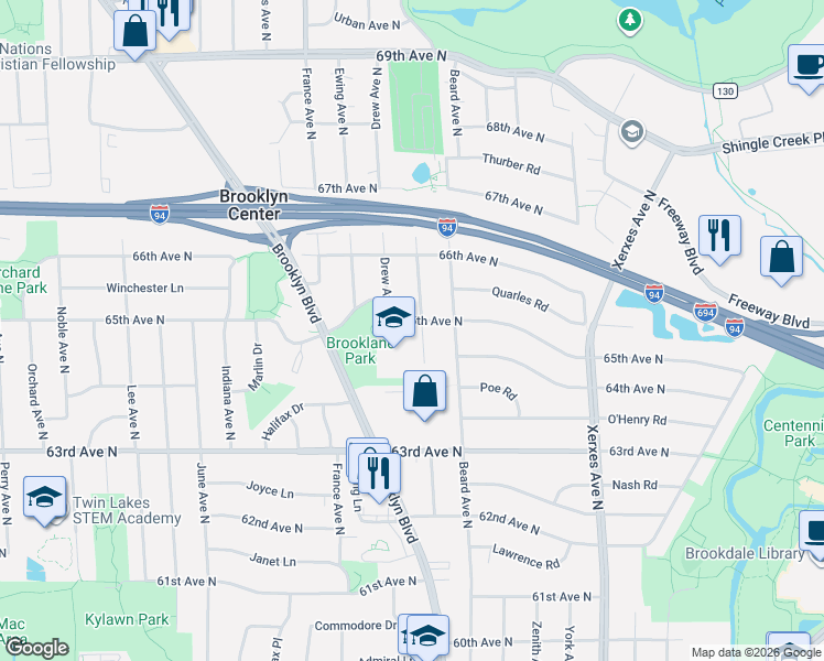 map of restaurants, bars, coffee shops, grocery stores, and more near 3415 65th Avenue North in Brooklyn Center