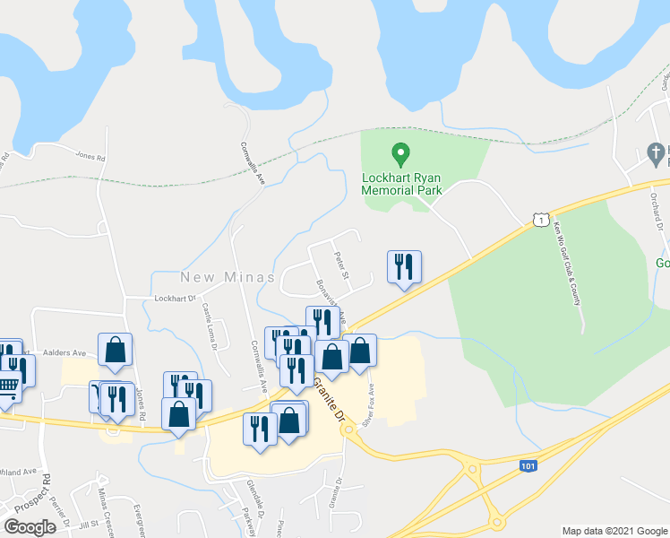 map of restaurants, bars, coffee shops, grocery stores, and more near 25 Peter Street in New Minas