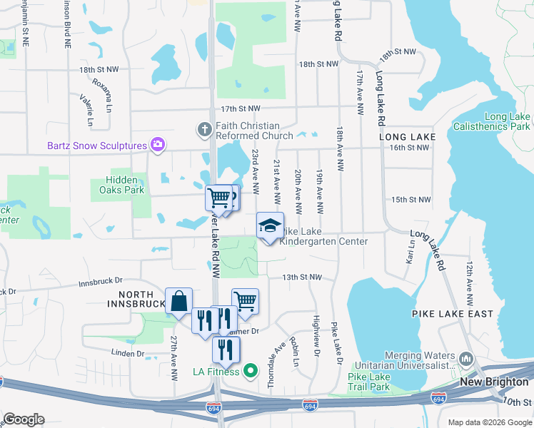 map of restaurants, bars, coffee shops, grocery stores, and more near 2140 14th Street Northwest in New Brighton