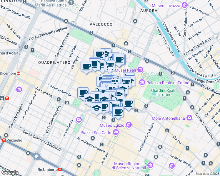 map of restaurants, bars, coffee shops, grocery stores, and more near 3G Via dei Mercanti in Torino