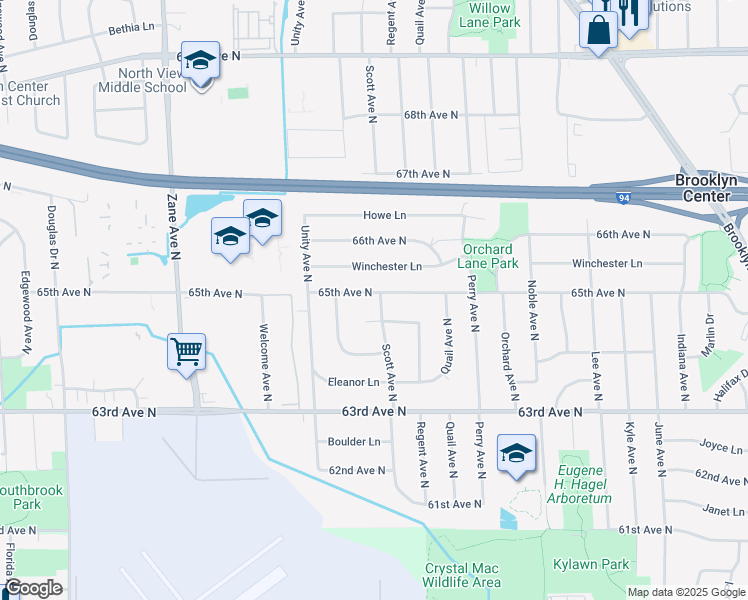 map of restaurants, bars, coffee shops, grocery stores, and more near 6437 Scott Avenue North in Minneapolis