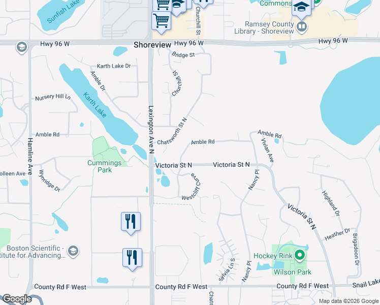 map of restaurants, bars, coffee shops, grocery stores, and more near 4466 Victoria Street North in Shoreview