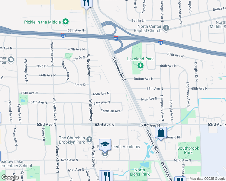 map of restaurants, bars, coffee shops, grocery stores, and more near 7117 65th Avenue North in Minneapolis