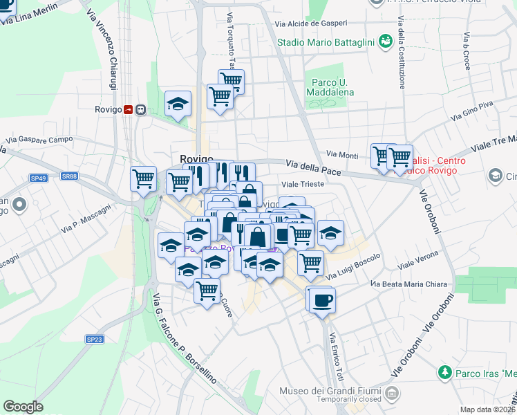 map of restaurants, bars, coffee shops, grocery stores, and more near 4 Via Mure San Giuseppe in Rovigo