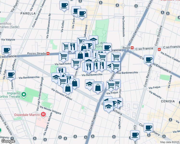 map of restaurants, bars, coffee shops, grocery stores, and more near 25 Via Borgone in Torino