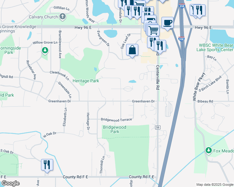 map of restaurants, bars, coffee shops, grocery stores, and more near 931 Heritage Court West in Vadnais Heights