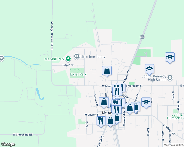 map of restaurants, bars, coffee shops, grocery stores, and more near 840-864 North Pershing Street in Mount Angel
