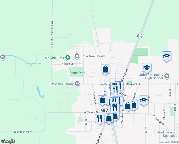 map of restaurants, bars, coffee shops, grocery stores, and more near 700 North Pershing Street in Mount Angel