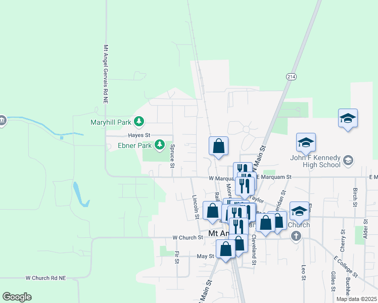 map of restaurants, bars, coffee shops, grocery stores, and more near 710 North Pershing Street in Mount Angel