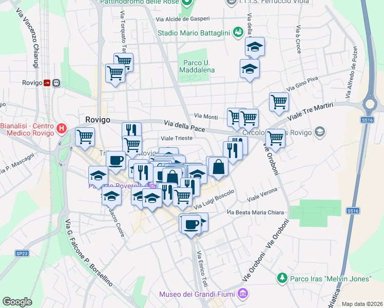map of restaurants, bars, coffee shops, grocery stores, and more near 45 Via Mure Soccorso in Rovigo