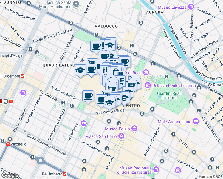 map of restaurants, bars, coffee shops, grocery stores, and more near 4/B Piazza Palazzo di Città in Torino