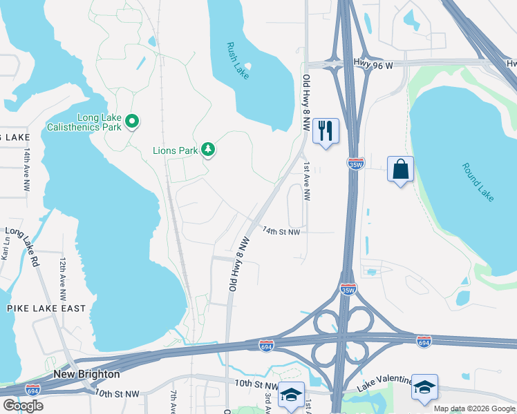 map of restaurants, bars, coffee shops, grocery stores, and more near 1500 Old Highway 8 Northwest in New Brighton