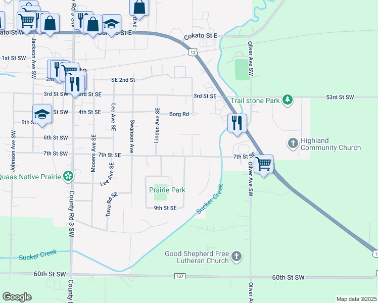map of restaurants, bars, coffee shops, grocery stores, and more near 620 Prairie Avenue Southeast in Cokato