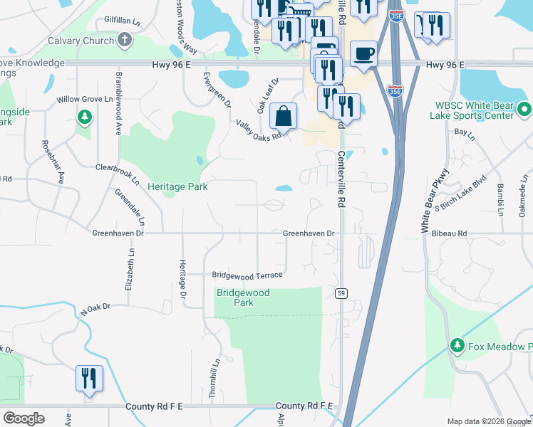 map of restaurants, bars, coffee shops, grocery stores, and more near 969 Heritage Court East in Vadnais Heights