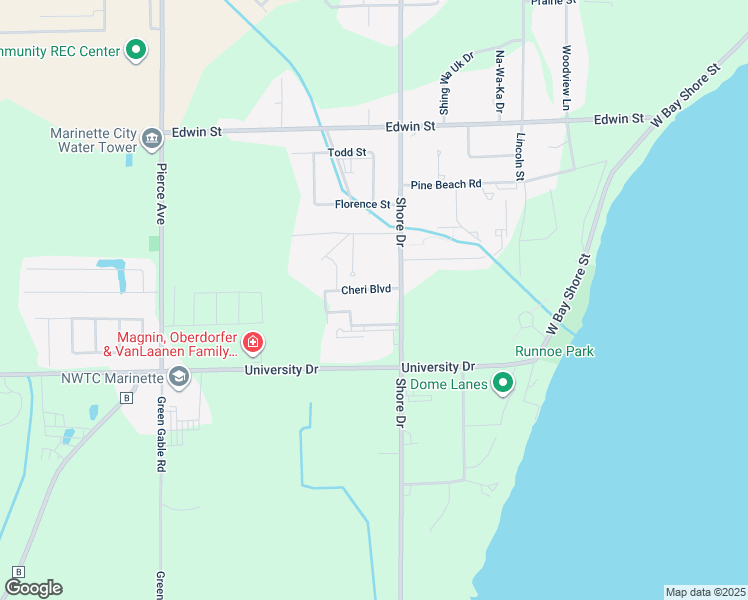 map of restaurants, bars, coffee shops, grocery stores, and more near 2908 Northland Lane in Marinette