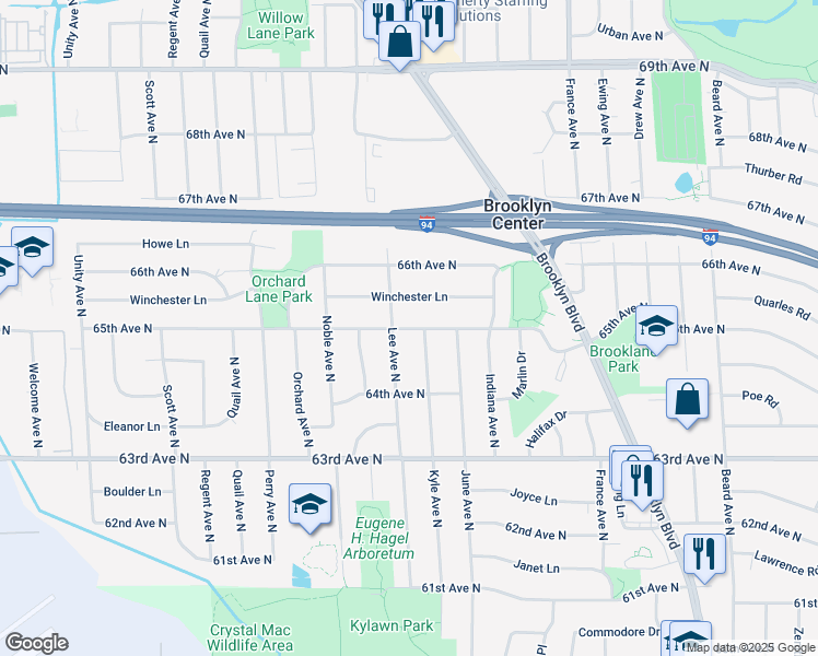 map of restaurants, bars, coffee shops, grocery stores, and more near 4419 Winchester Lane in Brooklyn Center