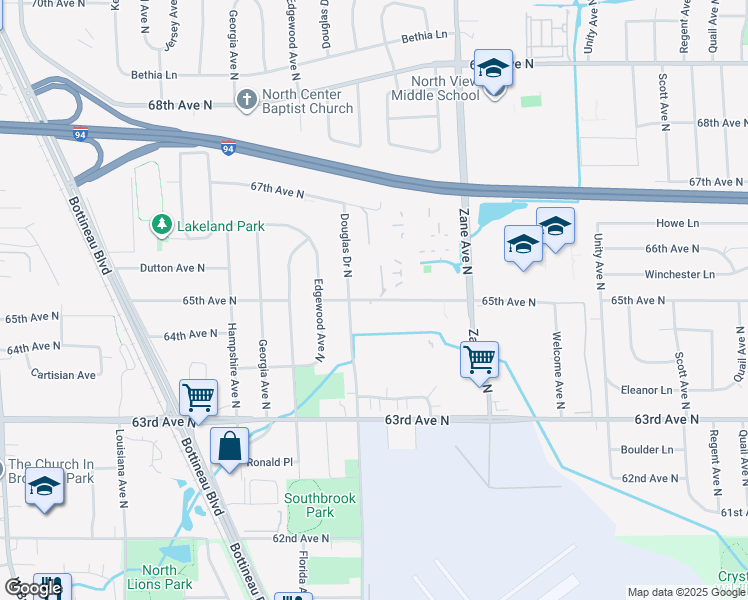 map of restaurants, bars, coffee shops, grocery stores, and more near 6516 Douglas Drive North in Minneapolis