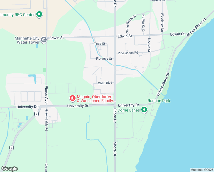 map of restaurants, bars, coffee shops, grocery stores, and more near 1129 Cheri Boulevard in Marinette