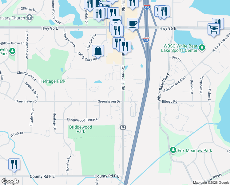 map of restaurants, bars, coffee shops, grocery stores, and more near 4336 Buckingham Court in Vadnais Heights