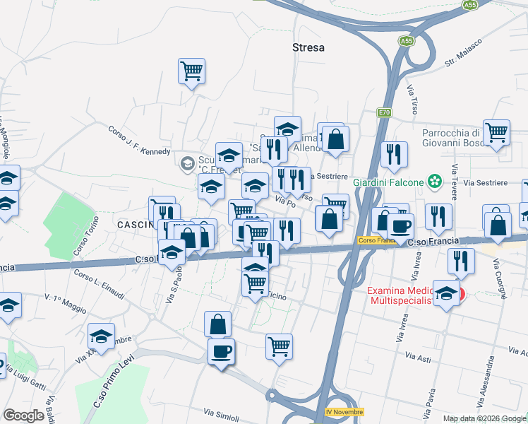 map of restaurants, bars, coffee shops, grocery stores, and more near 56 Via Bruere in Rivoli