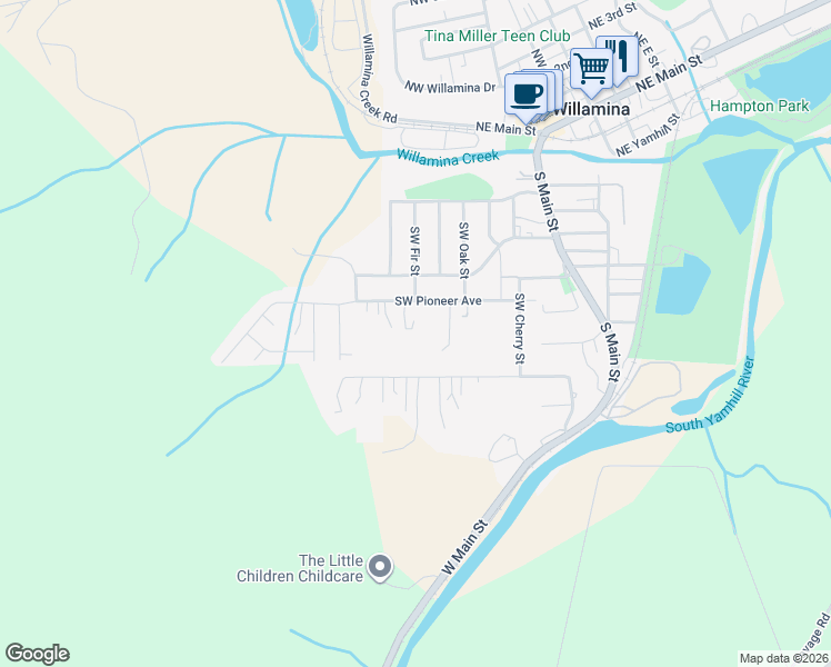 map of restaurants, bars, coffee shops, grocery stores, and more near 825 Southwest Pioneer Drive in Willamina