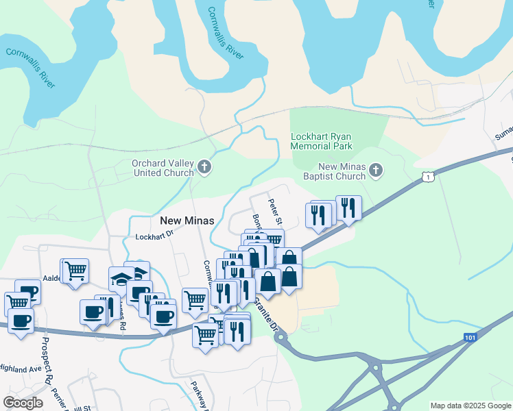 map of restaurants, bars, coffee shops, grocery stores, and more near 58 Bonavista Avenue in New Minas