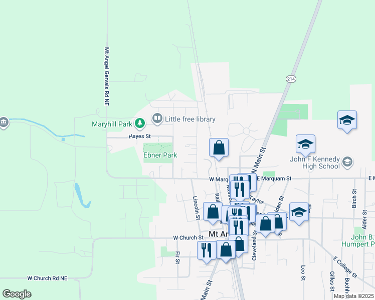 map of restaurants, bars, coffee shops, grocery stores, and more near 840-864 North Pershing Street in Mount Angel