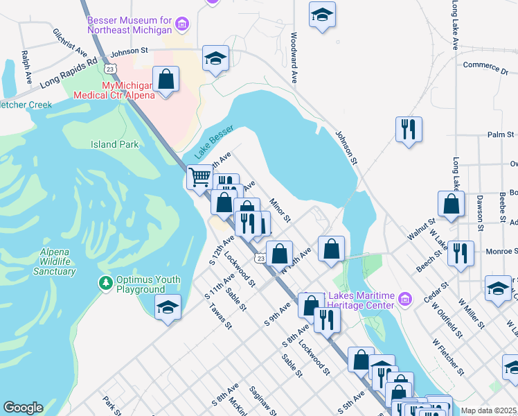 map of restaurants, bars, coffee shops, grocery stores, and more near 400-498 Minor St in Alpena