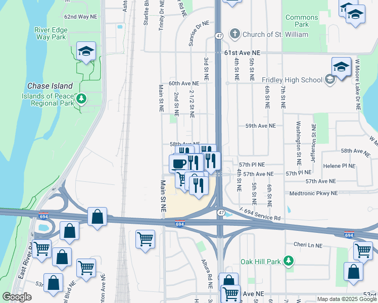 map of restaurants, bars, coffee shops, grocery stores, and more near 5801 2 1/2 Street Northeast in Fridley