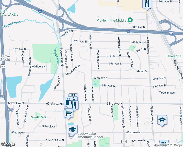 map of restaurants, bars, coffee shops, grocery stores, and more near 8216 Aster Drive in Minneapolis