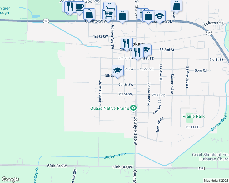 map of restaurants, bars, coffee shops, grocery stores, and more near 230 6th Street Southwest in Cokato