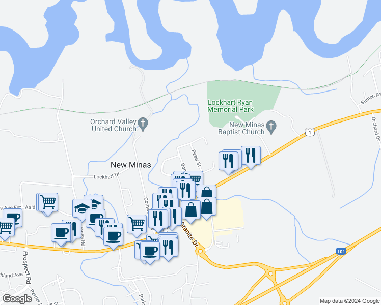 map of restaurants, bars, coffee shops, grocery stores, and more near 35 Peter Street in Kings County