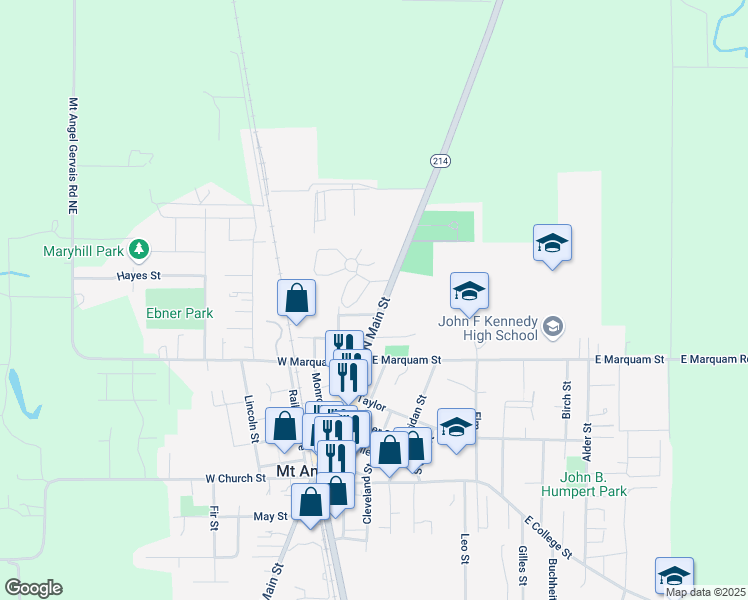 map of restaurants, bars, coffee shops, grocery stores, and more near 750 North Main Street in Mount Angel