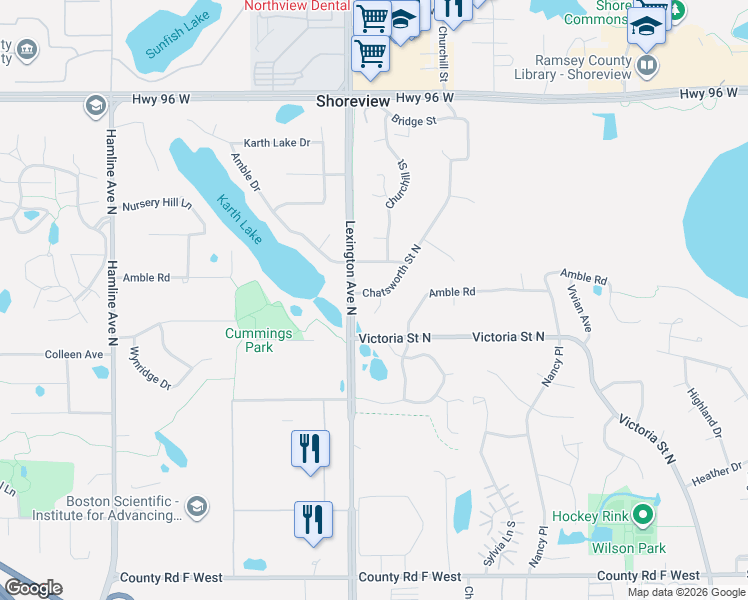 map of restaurants, bars, coffee shops, grocery stores, and more near 4315 Chatsworth Street North in Shoreview