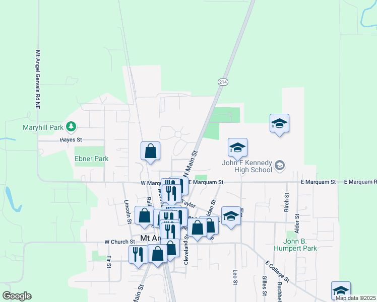 map of restaurants, bars, coffee shops, grocery stores, and more near 750 North Main Street in Mount Angel