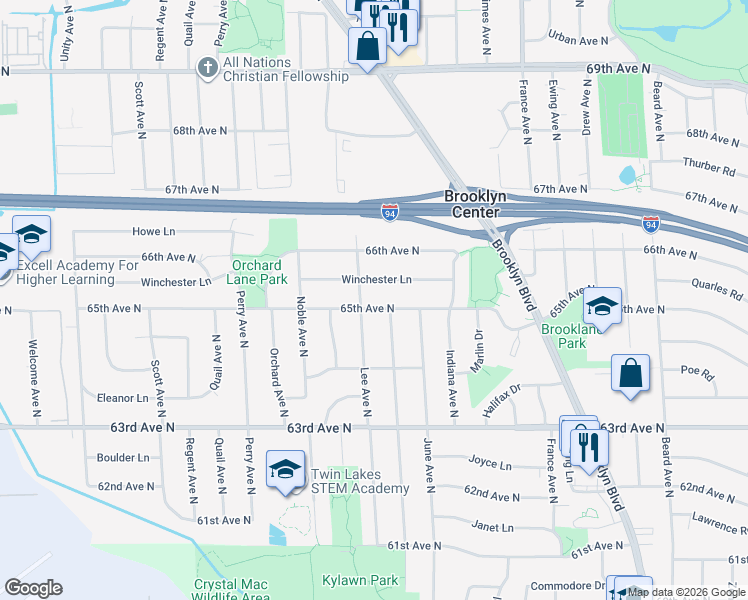 map of restaurants, bars, coffee shops, grocery stores, and more near 4419 Winchester Lane in Brooklyn Center