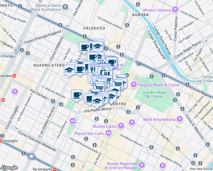 map of restaurants, bars, coffee shops, grocery stores, and more near 12A Via IV Marzo in Turin