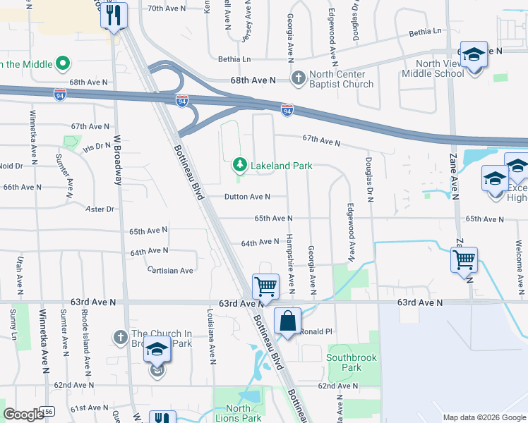 map of restaurants, bars, coffee shops, grocery stores, and more near 6809 Dutton Avenue North in Minneapolis