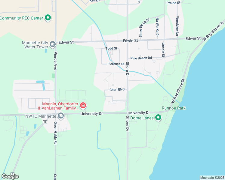 map of restaurants, bars, coffee shops, grocery stores, and more near 2908 Northland Lane in Marinette