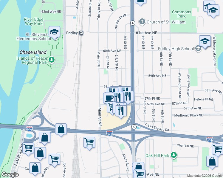 map of restaurants, bars, coffee shops, grocery stores, and more near 5801 2nd Street Northeast in Minneapolis