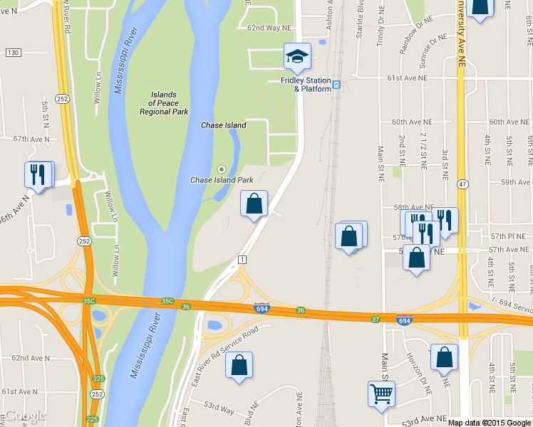 map of restaurants, bars, coffee shops, grocery stores, and more near 5851 East River Road in Fridley