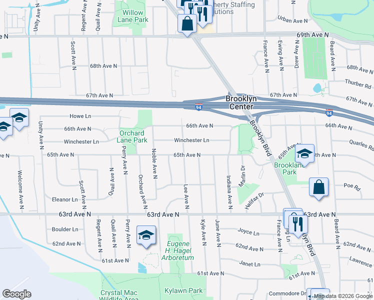 map of restaurants, bars, coffee shops, grocery stores, and more near 4419 Winchester Lane in Brooklyn Center