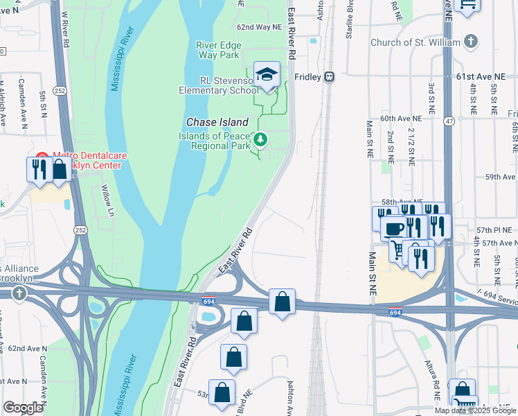 map of restaurants, bars, coffee shops, grocery stores, and more near 5780 East River Road in Fridley