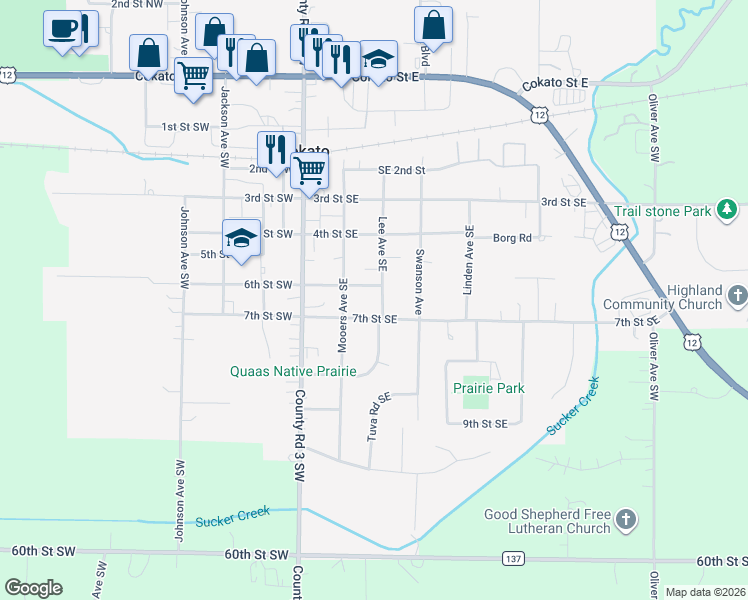 map of restaurants, bars, coffee shops, grocery stores, and more near 615 Lee Avenue Southeast in Cokato
