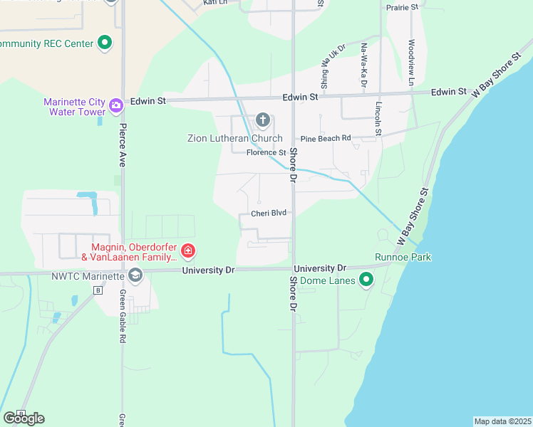 map of restaurants, bars, coffee shops, grocery stores, and more near 1219 Cheri Boulevard in Marinette