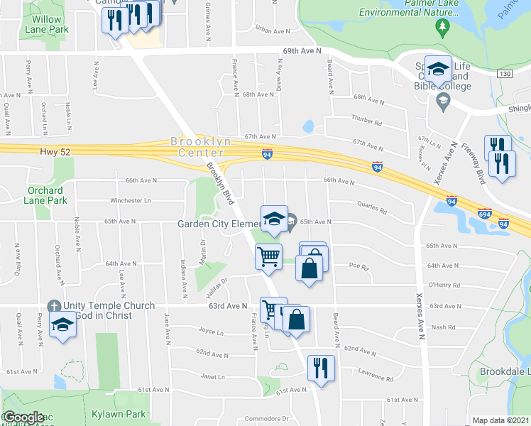 map of restaurants, bars, coffee shops, grocery stores, and more near 5543 Ewing Avenue North in Brooklyn Center