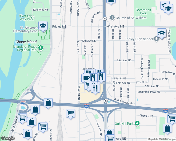 map of restaurants, bars, coffee shops, grocery stores, and more near 5801 2nd Street Northeast in Minneapolis