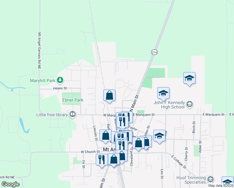 map of restaurants, bars, coffee shops, grocery stores, and more near 710 John Street in Mount Angel